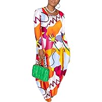 Women's Casual Plus Size Maxi Dresses African Print Loose Long Sleeve T-Shirt Dress with Pockets