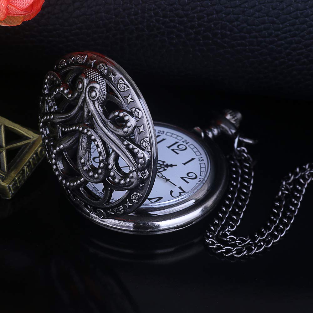 Dentily Vintage Octopus Hollow Quartz Pocket Watch Steampunk Black Pocket Watch with Necklace Chain Gift for Kids