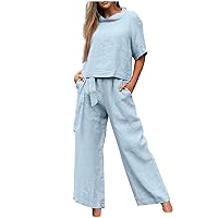 Women's 2 Piece Lounge Set Summer Casual Outfit Short Sleeve Shirts Wide Leg Pants Linen Loungewear with Pocket