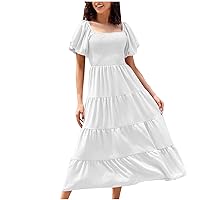 Black of Friday Deals Now Women Boho Ruffle Dress Square Neck A Line Maxi Dresses Puff Sleeve Resort Dress 2024 Vacation Beach Long Sundress Suimsuit Cpver Uo