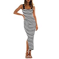 MEROKEETY Women's 2024 Summer Striped Knit Bodycon Midi Dress Square Neck Side Slit Tank Ribbed Sweater Dresses