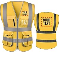 Add Your Name Text on High Visibility Reflective Safety Vest Class 2 ANSI Custom Your Text Protective Workwear 5 Pockets With Reflective Strips Outdoor Work Vest(Gold Yellow M)