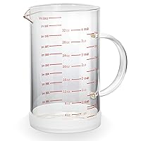 4 Cup Glass Measuring Cup with Handle, 77L High Borosilicate Glass Measuring Cup with V-Shaped and Three Scales (Cup, OZ, ML), Glass Liquid Beaker with Silicone Base, Double-Sided Measure Scales
