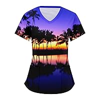 Sunny Beach Tops for Women Long Sleeve with Pockets Loose V-Neck Printed Fashion Short T Shirts