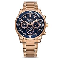 Men's 44mm Rose Gold Stainless Steel Bracelet with Blue Dial Plus Rose Gold Luminous Hands Watch with Water Resistance, and Chronograph - Japanese Quartz Analog Sports Wristwatch