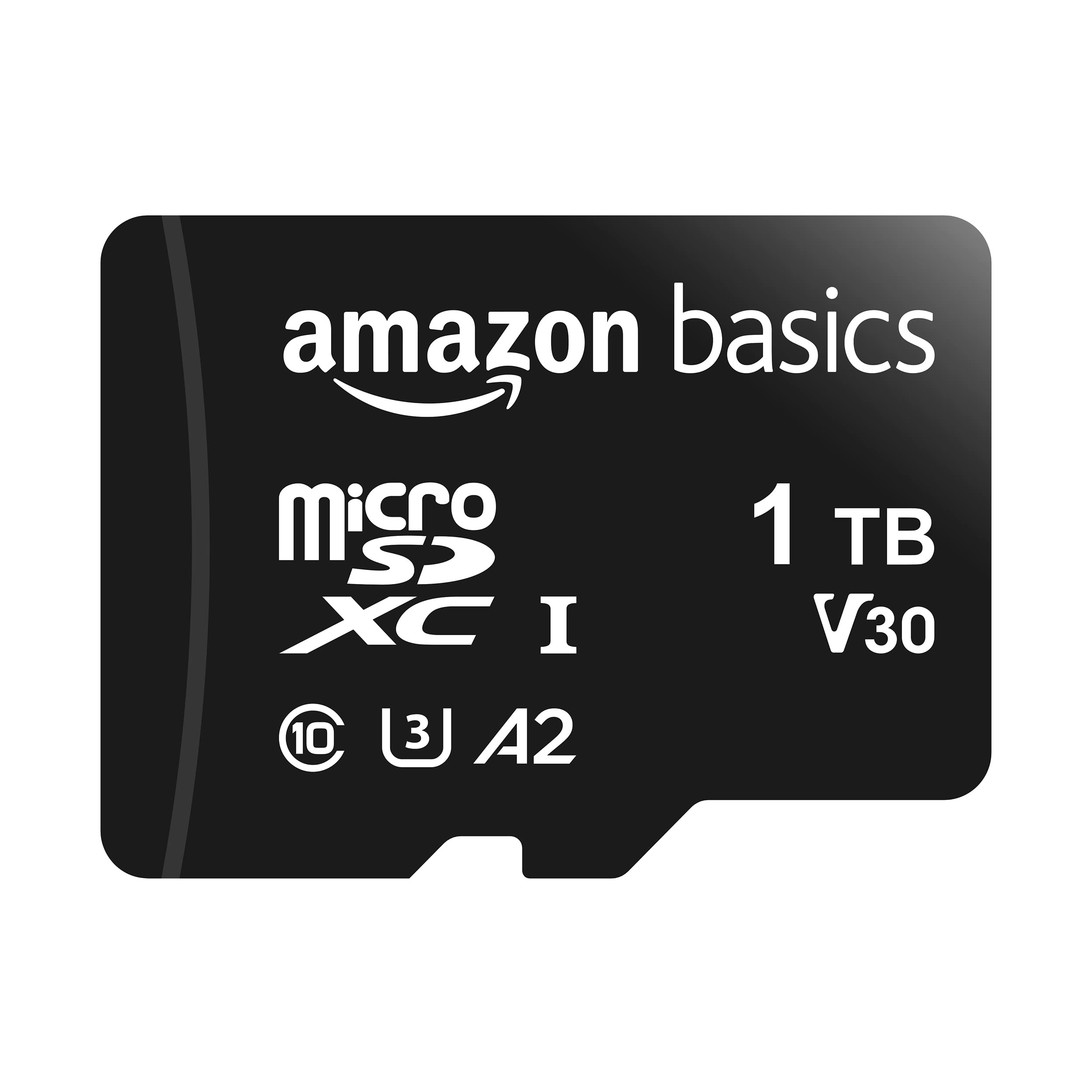 Amazon Basics microSDXC Memory Card with Full Size Adapter, A2, U3, Read Speed up to 100 MB/s, 1TB, Black