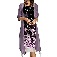 Honwenle Women's Linen Dress 2 Piece Outfit Floral Sleeveless Loose Maxi Summer Dresses with Jacket Formal Casual