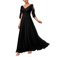 Ruffle Trim Cold Shoulder Tie Back Chiffon Maxi Bridesmaid Dress Long Black Dress for Women Formal