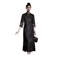 Women Qipao Silk Fragrant Cloud Yarn HuaLuo Mock Collar 3/4 Sleeve Black Dinner Long Dress 3638