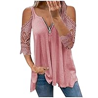 Womens Cold Shoulder Lace 3/4 Sleeve Top Crochet Zip V Neck Shirts Dreesy Casual Blouse Tunic Plus Size M-5XL