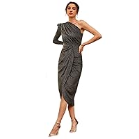 Dresses for Women - One Shoulder Wrap Hem Glitter Dress