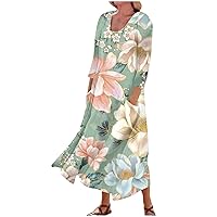 Dresses for Women 2024 Printed 3/4 Sleeve Sun Dress with Pocket Trendy Flowy Dress Lightweight Vacation Beach Dress