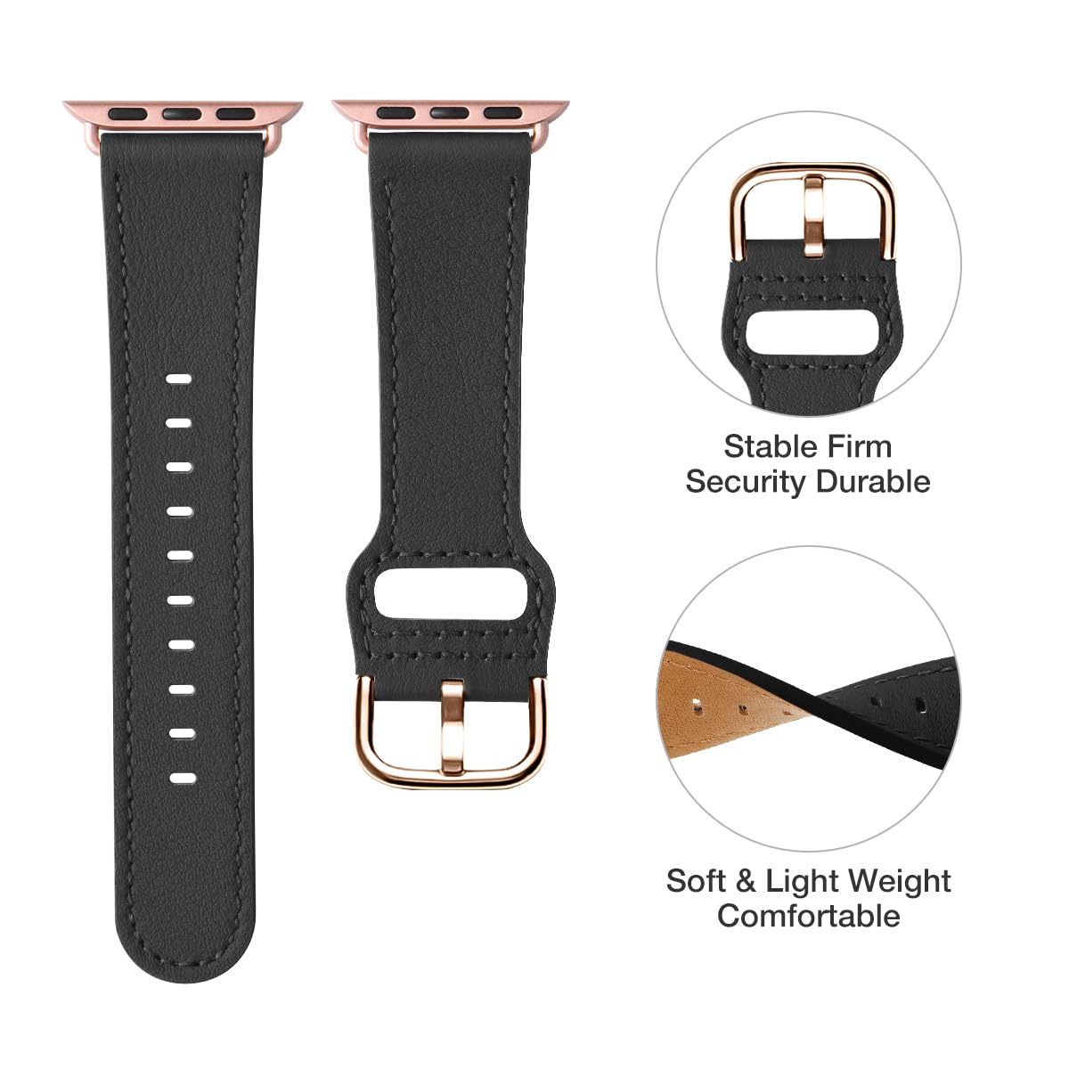 POWER PRIMACY Bands Compatible with Apple Watch Band 38mm 40mm 41mm 42mm 44mm 45mm 49mm, Top Grain Leather Strap Compatible for Men Women iWatch Series 8 7 6 5 4, SE (Black/Rosegold)