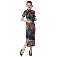 Cheongsam Dresses Silk Printed Oblique Placket Mock Neck Short Sleeve Wedding Party Qipao H3227