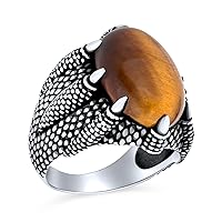 Men's Biker Jewelry Animal Claws Large Statement Biker Jewelry Oval Cabochon Brown Striped Tiger Eye Semi Precious Gemstones Signet Claw Ring For Men Oxidized .925 Sterling Silver Handmade In Turkey