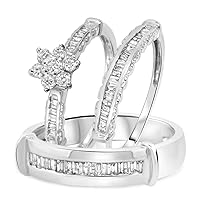 14K White Gold Fn His/Her Engagement Trio Ring Set 1/4Ct Round & Baguette Sim Diamond