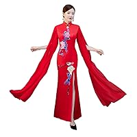 Chinese Style Chiffon Appliques Women's Qipao Dress Birthday Party Long Cheongsam Gown with Cape Shawl