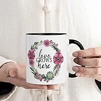 Funny Wedding Christmas Gifts for Bosses Grandma' Love Grows Here Coffee Mugs Cups Unique Ceramic Accent Mugs Greenery Floral Wreath Rustic Gag Presents for Grandparents Bosses 11oz Coffee Mugs