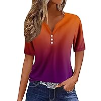 Short Sleeve Seaside Classic Shirts Women Fathers Day Tunic Lightweight V Neck Gradient Button Polyester Purple 3XL
