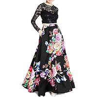 B Darlin Womens Black Lace Pocketed Crop Top Floral Long Sleeve Round Neck Full-Length Evening A-Line Dress Juniors 1