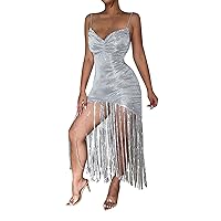 Sexy V-Neck Suspenders Dress with Thin Glitter Sequins and Fringe Hem for Women Party Dress Skirt
