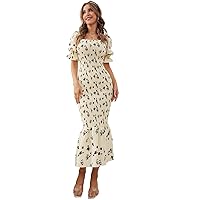 Dresses for Women 2024 Floral Print Shirred Puff Sleeve Long Dress