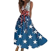 Women's American Flag Casual Round Neck Pullover High Waist Long Sleeve Dress Fourth of July Sundress 2024
