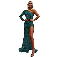 Women's One Shoulder Sequin Prom Dresses Long Sleeve Mermaid Formal Evening Gowns with Slit R031