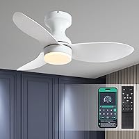 Low Profile Flush Mount Ceiling Fans with Lights and Remote&APP,34in White Modern Ceiling Fans for Outdoor Patio,Small Room,Bedroom,6 Speeds Reversible,3 Colors Lights Dimmable
