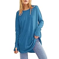 Tops for Women Casual Long-Sleeved Shirts for Women Business Plus Size Summer Round Neck Fitted Plain Stretchy Shirts Lady Blue Long Sleeve Tee Shirts for Women Womens Blouse Large
