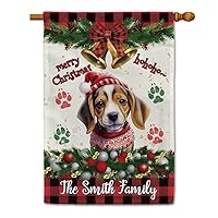 Cute Baby Beagle Dog in Santa Hat House Flag Dog Paws Christmas Decoration Bell Ho Ho Ho Decor Outdoor Yard Banner Custom Name, 28 x 40 Inch Double Side, Style 11