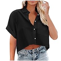 Womens Cropped Tops Summer Casual Linen Button Down Shirts Short Sleeve Tees Solid Color Lapel Collar Blouses Pocket