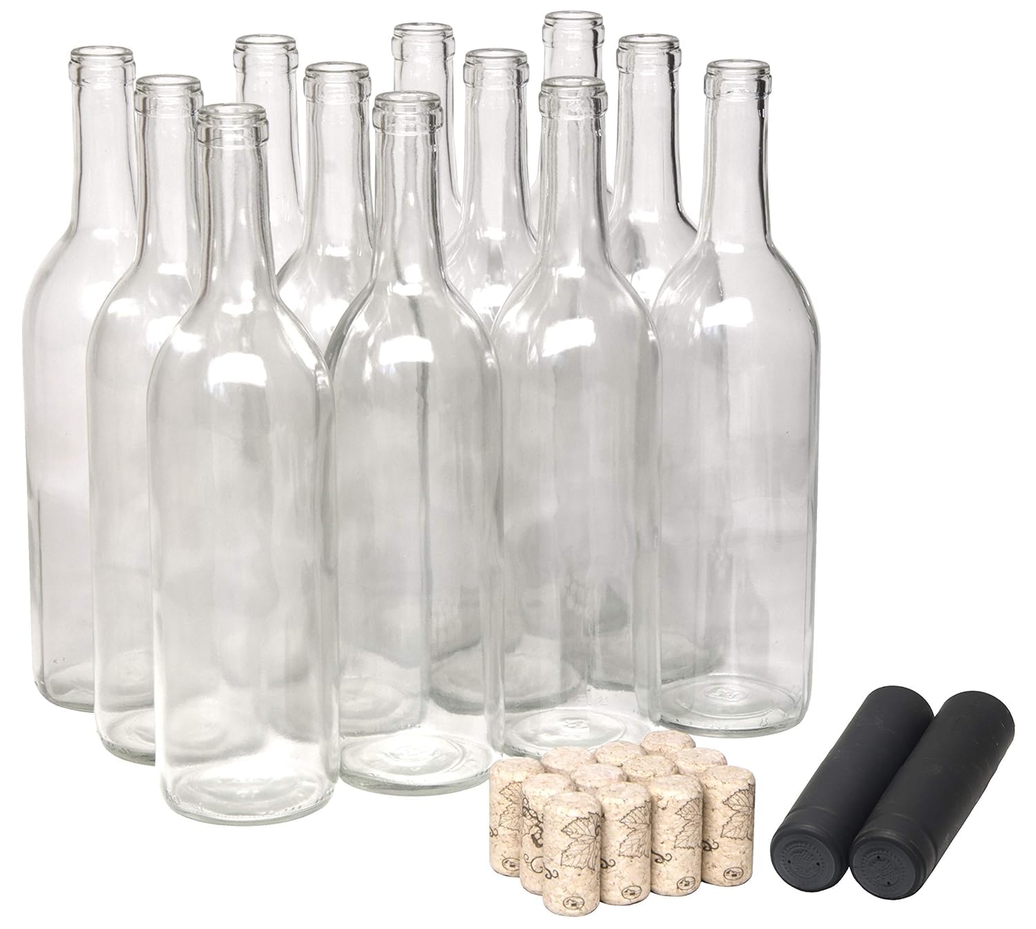 North Mountain Supply 750ml Glass Bordeaux Wine Bottle Flat-Bottomed Cork Finish - with #8 Premium Natural Corks & PVC Shrink Capsules - Case of 12