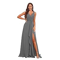 VCCICANY V Neck Chiffon Bridesmaid Dresses for Wedding with Slit Pleated Open Back Long Prom Formal Evening Gown