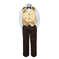 4pc Baby Toddler Kid Boys Mustard Vest Brown Pants Bow Tie Suits Set (5)