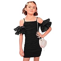 WDIRARA Girl's Cold Shoulder Layered Ruffled Short Sleeve Ruched Party Pencil Mini Dress