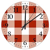 12 inch Silent Non-Ticking Wall Clocks Battery Operated Buffalo Check Plaid Red and White Home Decoration for Patio Farmhouse Round Wooden Wall Clock Rustic for Exercise Room Restroom