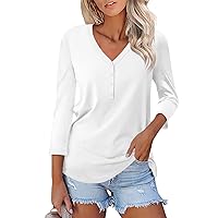 Womens Spring Fashion 2024 3/4 Length Sleeve Tops Dressy Casual Button Down V Neck Work Blouses Trendy Cute Elbow Length Flowy Tee Shirts Loose Fit Tunics Tops to Wear with Leggings(H White,XX-Large)