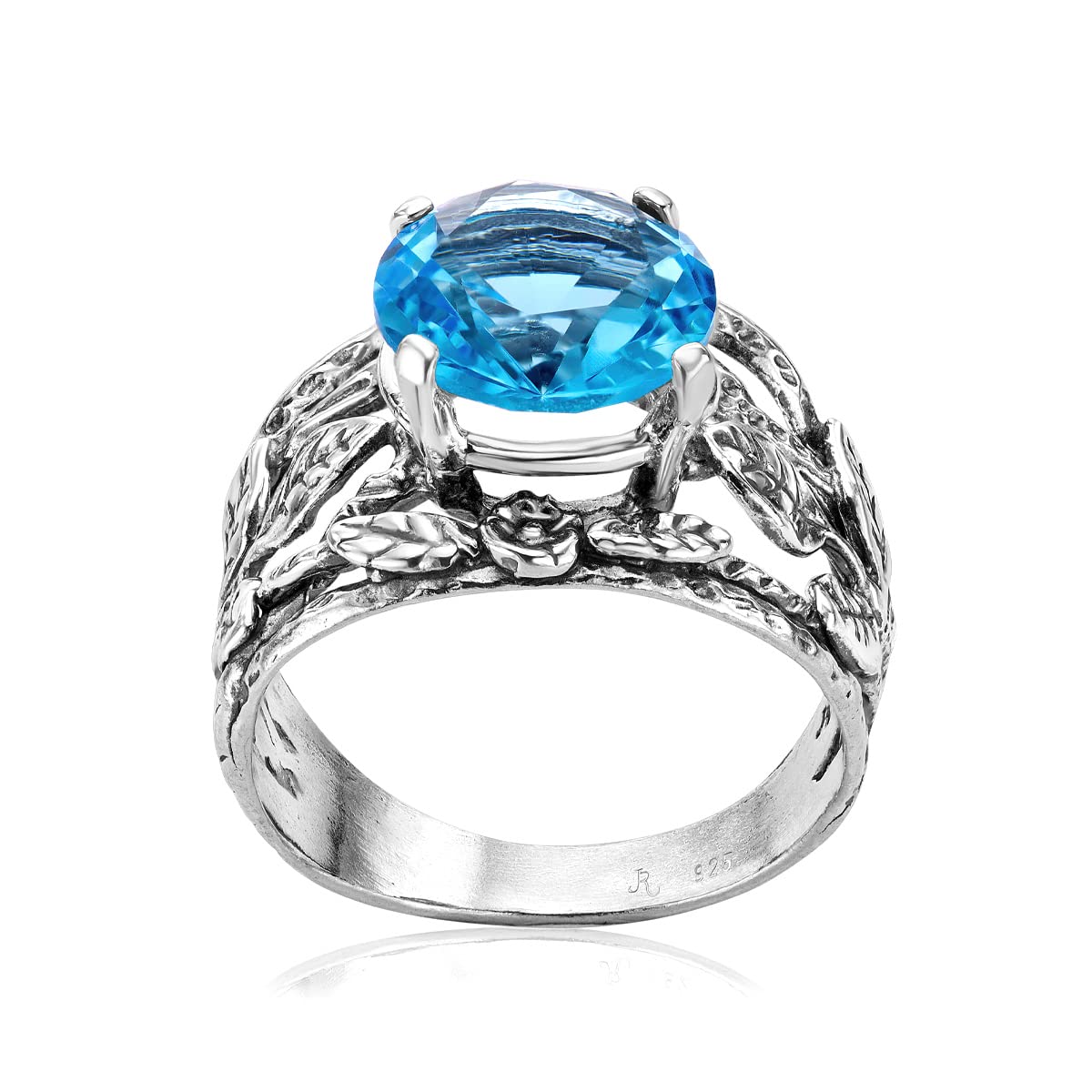 925 Sterling Silver Ring With Round Blue Crystal, Flower Nature, Oxidized, Vintage Look Stylish Hypoallergenic, Nickel and Lead-free, Artisan Handcrafted Designer Collection Made in Israel (Size 5-11)