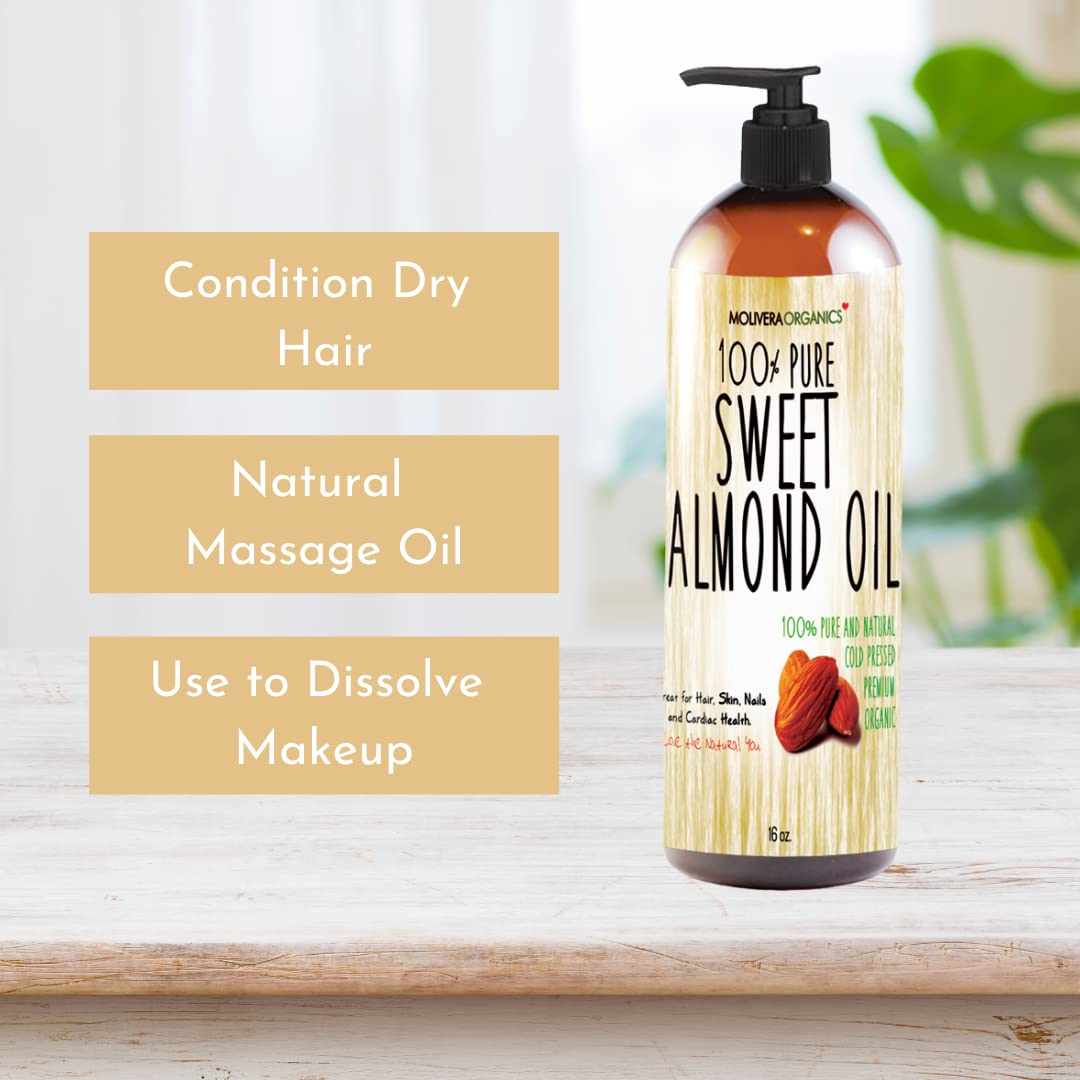 Molivera Organics Sweet Almond Oil 16 fl oz. 100% Pure and Natural, Cold Pressed Moisturizer for Skin and Hair