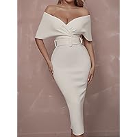 Women's Dress Dresses for Women Off Shoulder Surplice Front Buckle Belted Dress (Color : White, Size : Small)