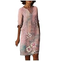 Sundresses for Women 2024 Cotton Linen V Neck Tunic Dress Half Sleeve Vintage Floral Printed Casual Summer Dress