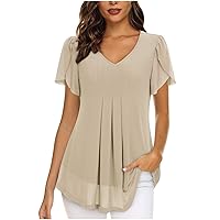 Women's Dressy Casual Blouses Business Work Chiffon Tops Summer V Neck Cute Loose Petal Short Sleeve Loose T-Shirts