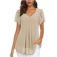 Womens Fashion Chiffon Blouses Summer Casual T-Shirts Petal Short Sleeve V Neck Tunic Tops Lightweight Slim Tops