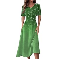 V Neck Short Sleeve Dress for Women Elegant Floral Print Stretchy Beach Dresses Casual Loose Flowy Hem Midi Dress