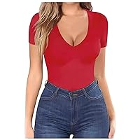 Womens Deep V Neck Sexy Short Sleeve T Shirts Slim Fit Casual Tops Suitable Solid Color Stretch Blouse Tees