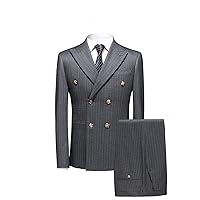 Men Suit 3 Piece Double Breasted Slim Fit Pinstriped Blazer Waistcoat Pants for Wedding