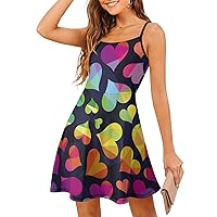 Rainbow Emblems of Hearts Women's Summer Sling Dress Casual Swing Beach Mini Dresses