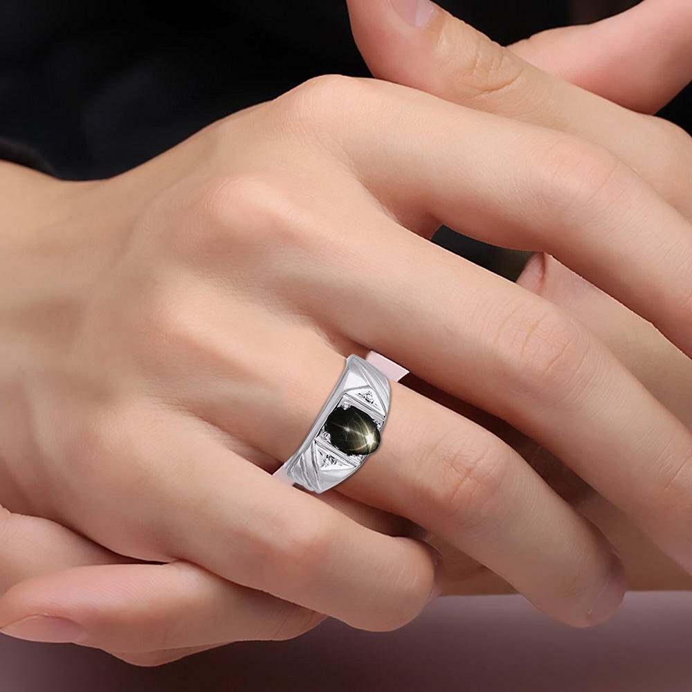 Rylos Mens Rings 14K White Gold - Black Star Sapphire & Diamond Ring 8X6MM Color Stone Gemstone Rings For Men Mens Jewelry Gold Rings