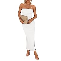 PRETTYGARDEN Women's Summer Bodycon Maxi Tube Dress Ribbed Strapless Side Slit Long Going Out Casual Elegant Party Dresses